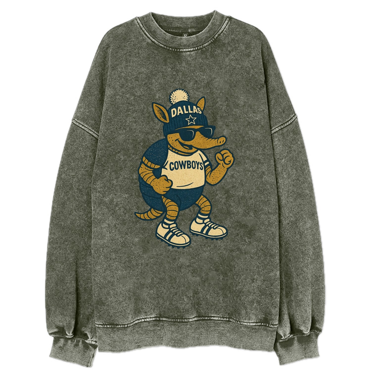 Dallas Armadillo wearing Cowboys beanie with lone star patch and wayfarer - Vintage Sweatshirt - Forest Mist(Green)
