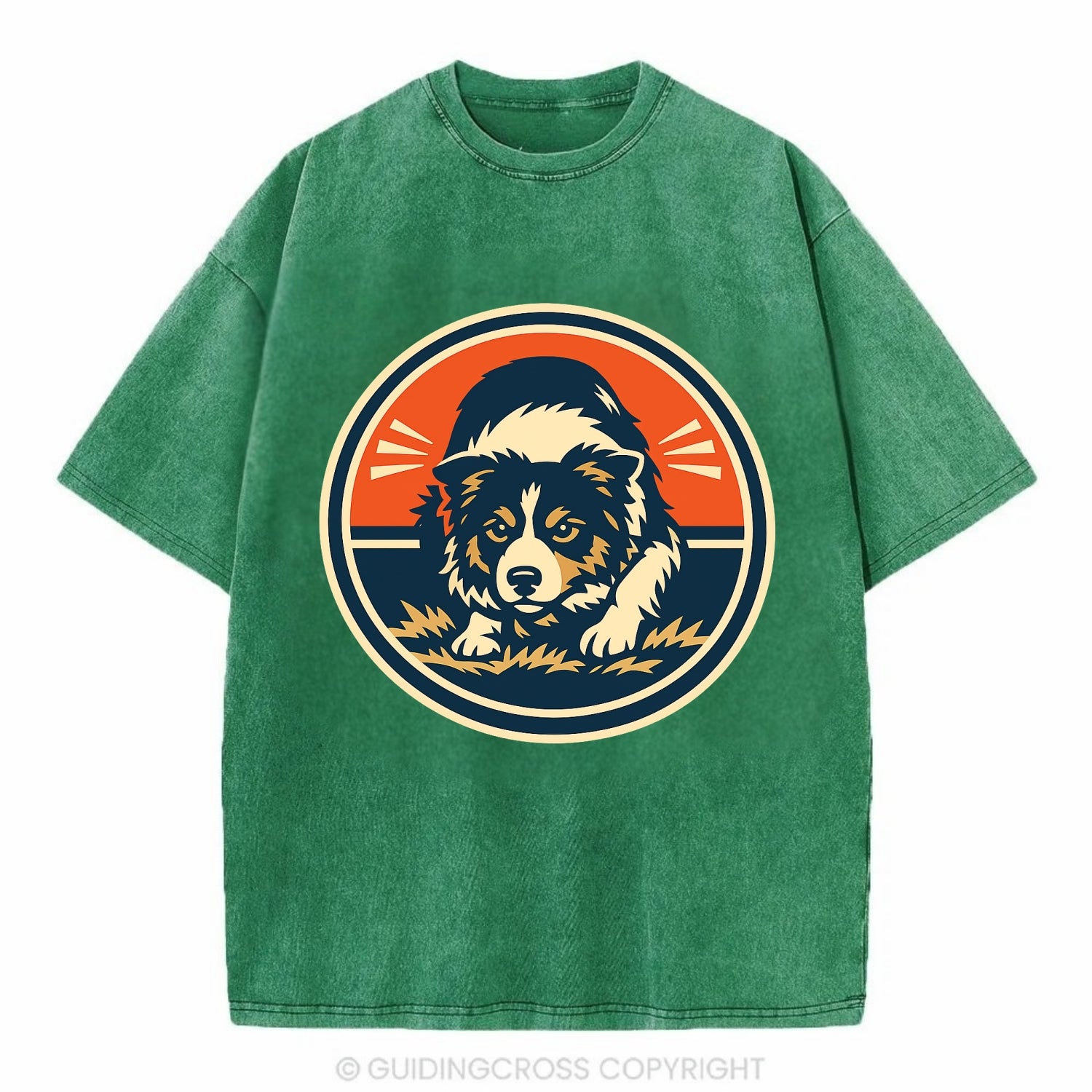 Focused Border Collie Emblem - Vintage T-shirt - Forest Mist(Green)