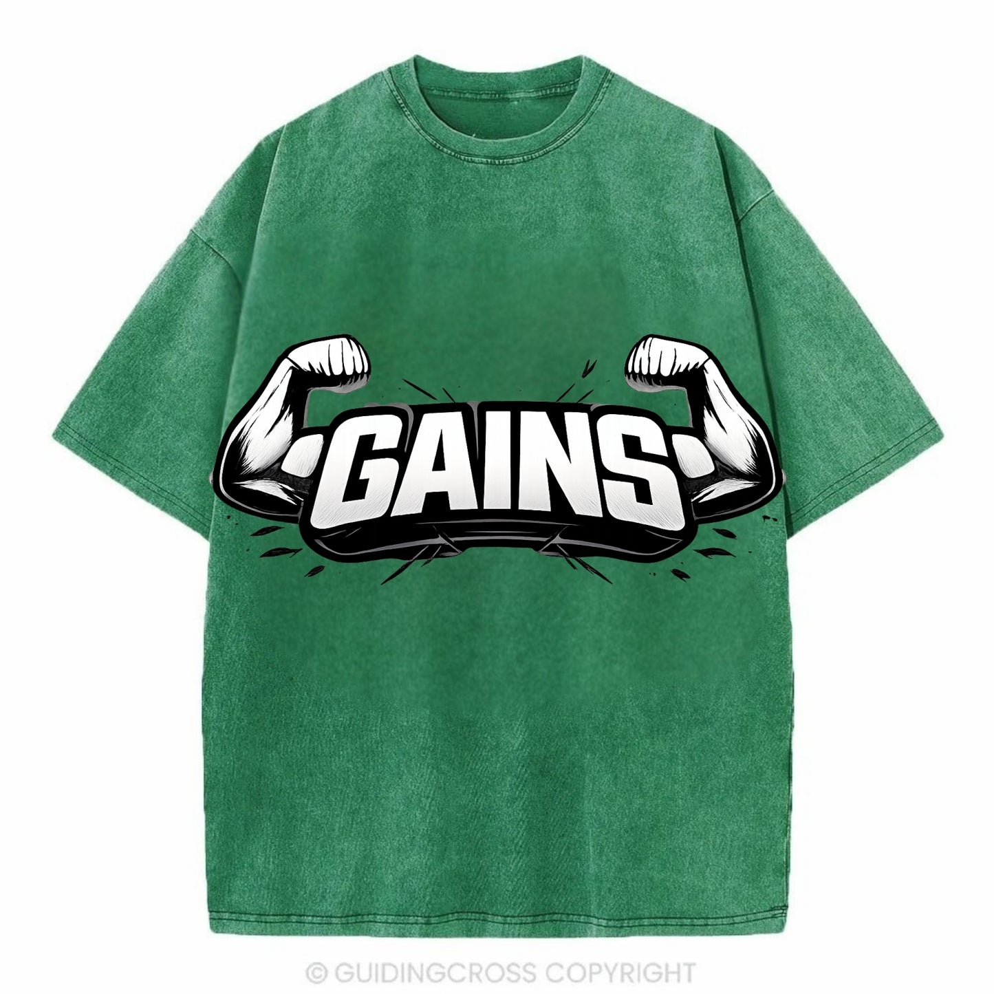 Bold typography design - "GAINS" - muscle growth, progress visible - Vintage T-shirt - Forest Mist(Green)