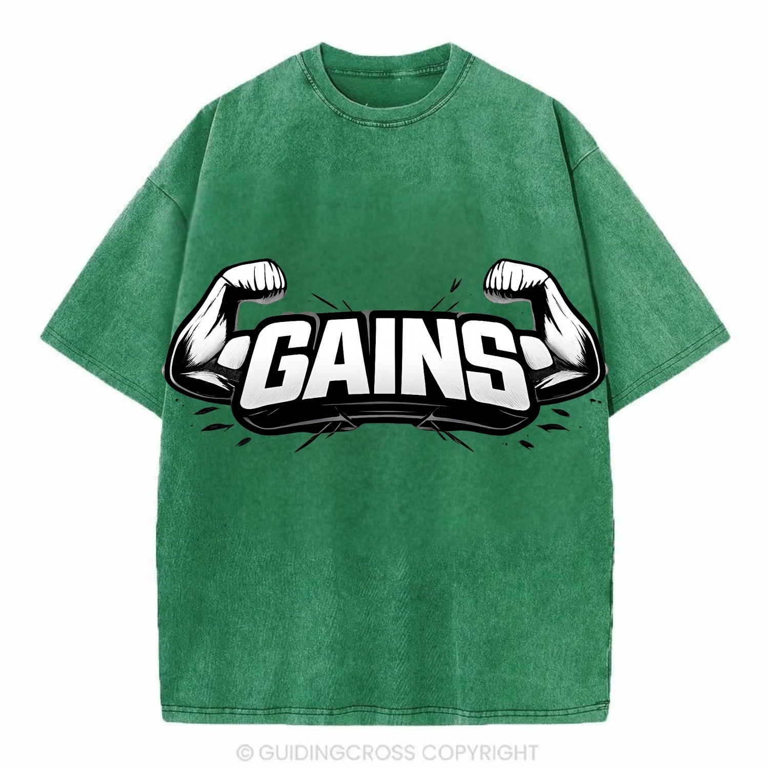 Bold typography design - "GAINS" - muscle growth, progress visible - Vintage T-shirt - Forest Mist(Green)