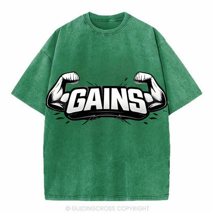 Bold typography design - "GAINS" - muscle growth, progress visible - Vintage T-shirt - Forest Mist(Green)