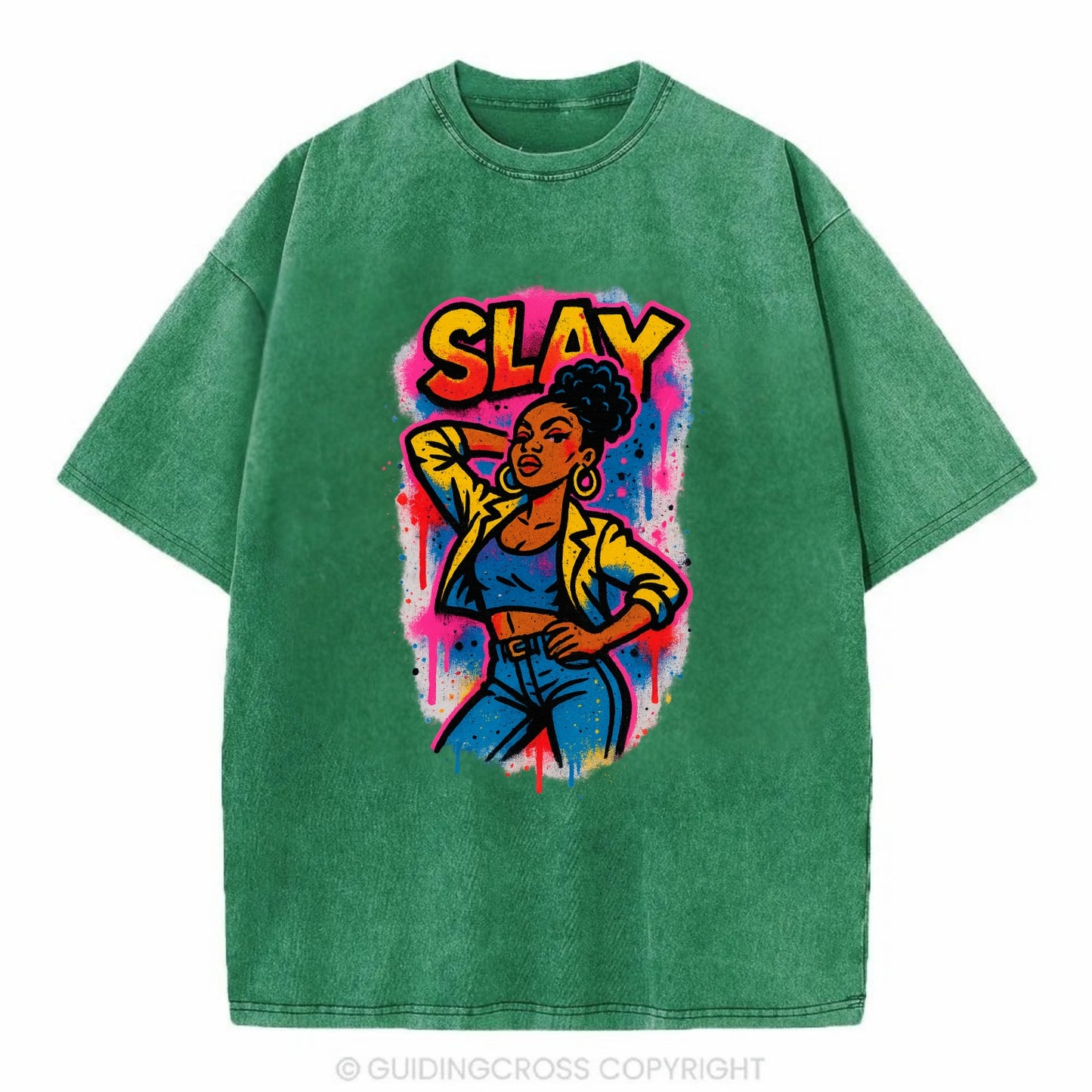 Empowered figure striking confident pose - "slay" culture, fierce and fabulous - Vintage T-shirt - Forest Mist(Green)