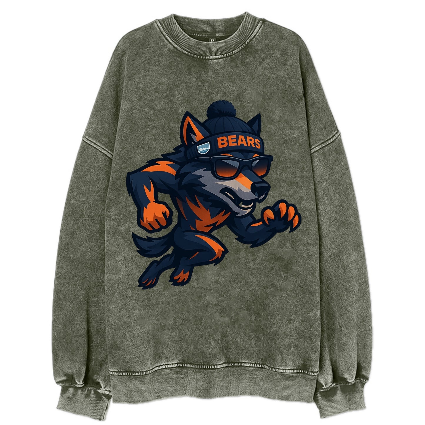 Chicago Wolf wearing Bears beanie with Lake Michigan patch and wayfarer - Vintage Sweatshirt - Forest Mist(Green)