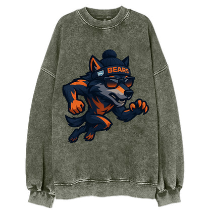 Chicago Wolf wearing Bears beanie with Lake Michigan patch and wayfarer - Vintage Sweatshirt - Forest Mist(Green)