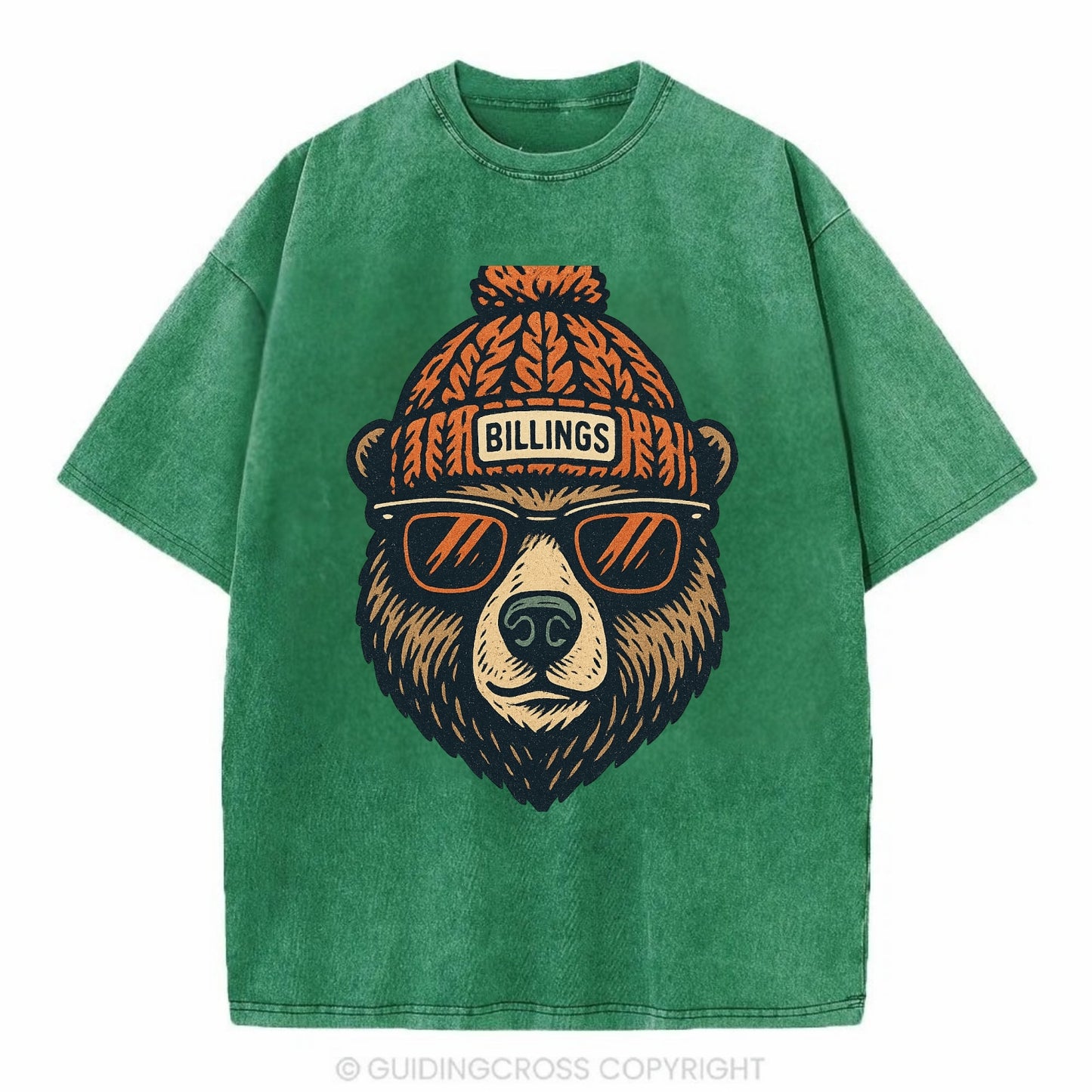 Montana Grizzly Bear wearing Billings beanie with pom pom and wayfarer sunglasses - Vintage T-shirt - Forest Mist(Green)