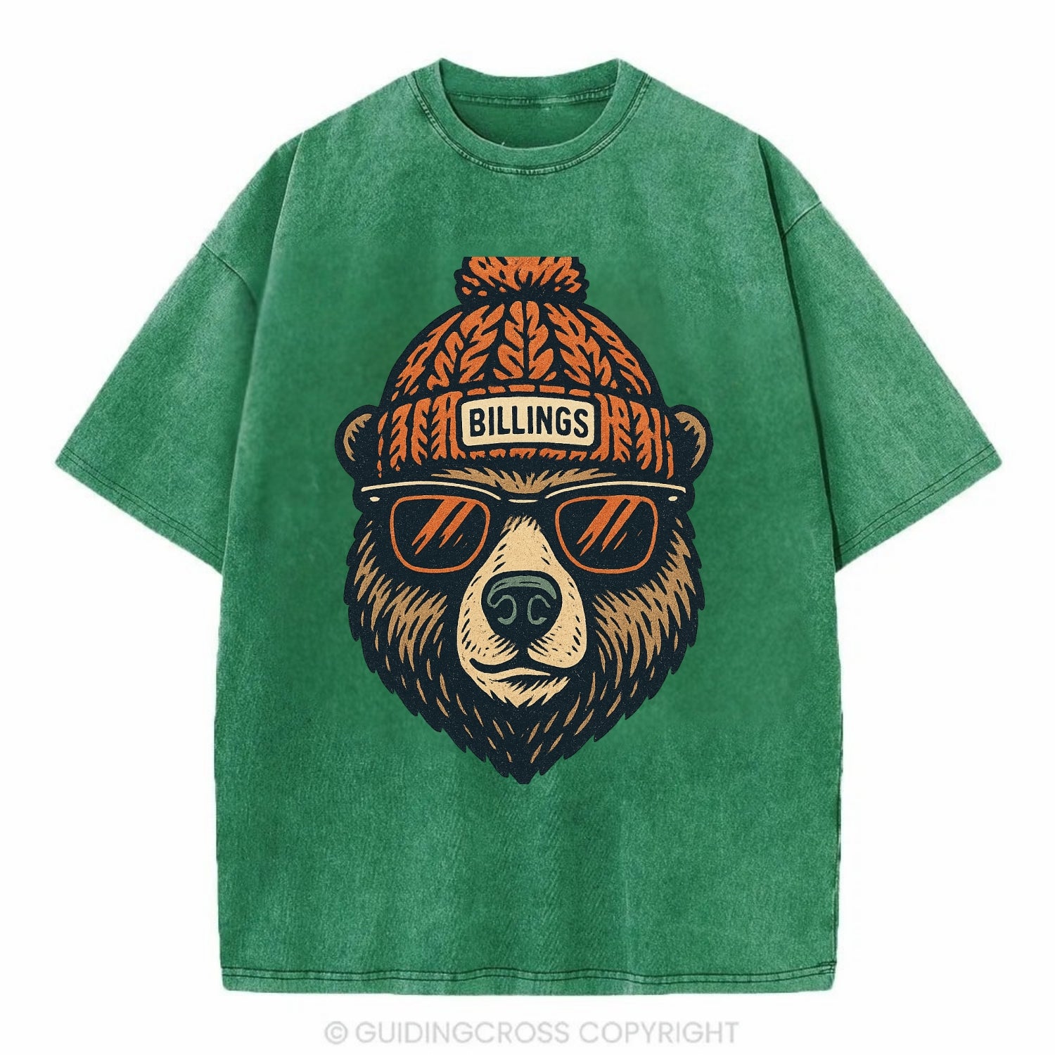 Montana Grizzly Bear wearing Billings beanie with pom pom and wayfarer sunglasses - Vintage T-shirt - Forest Mist(Green)