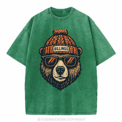 Montana Grizzly Bear wearing Billings beanie with pom pom and wayfarer sunglasses - Vintage T-shirt - Forest Mist(Green)