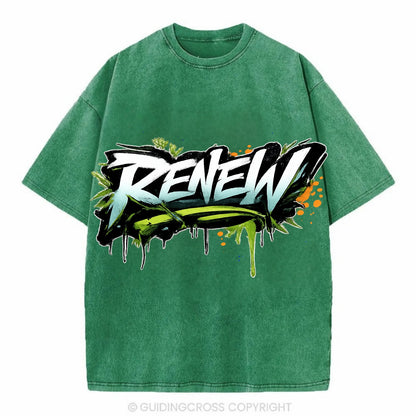 Bold typography design - "RENEW" - starting fresh, regenerating - Vintage T-shirt - Forest Mist(Green)
