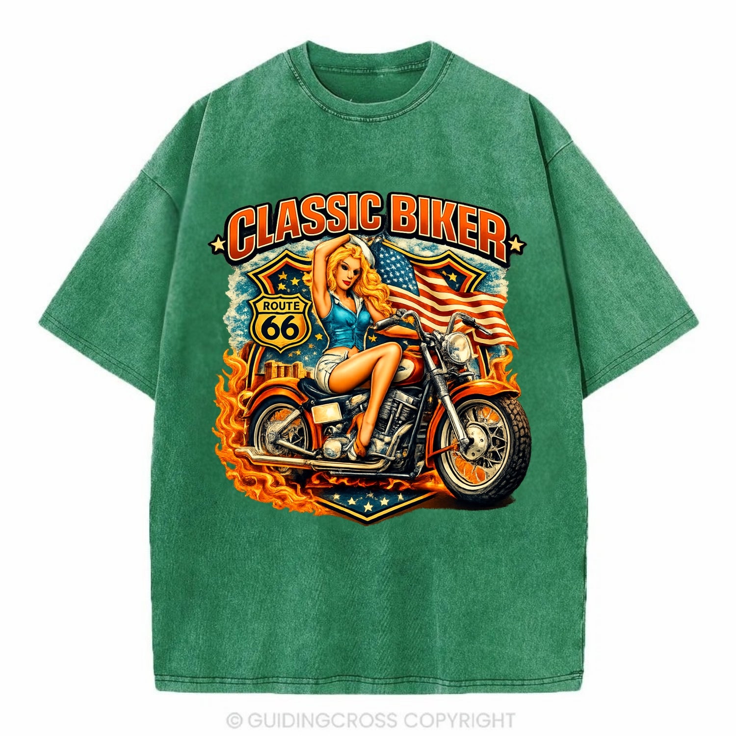 Classic Pinup Biker - Vintage T-shirt - Forest Mist(Green)