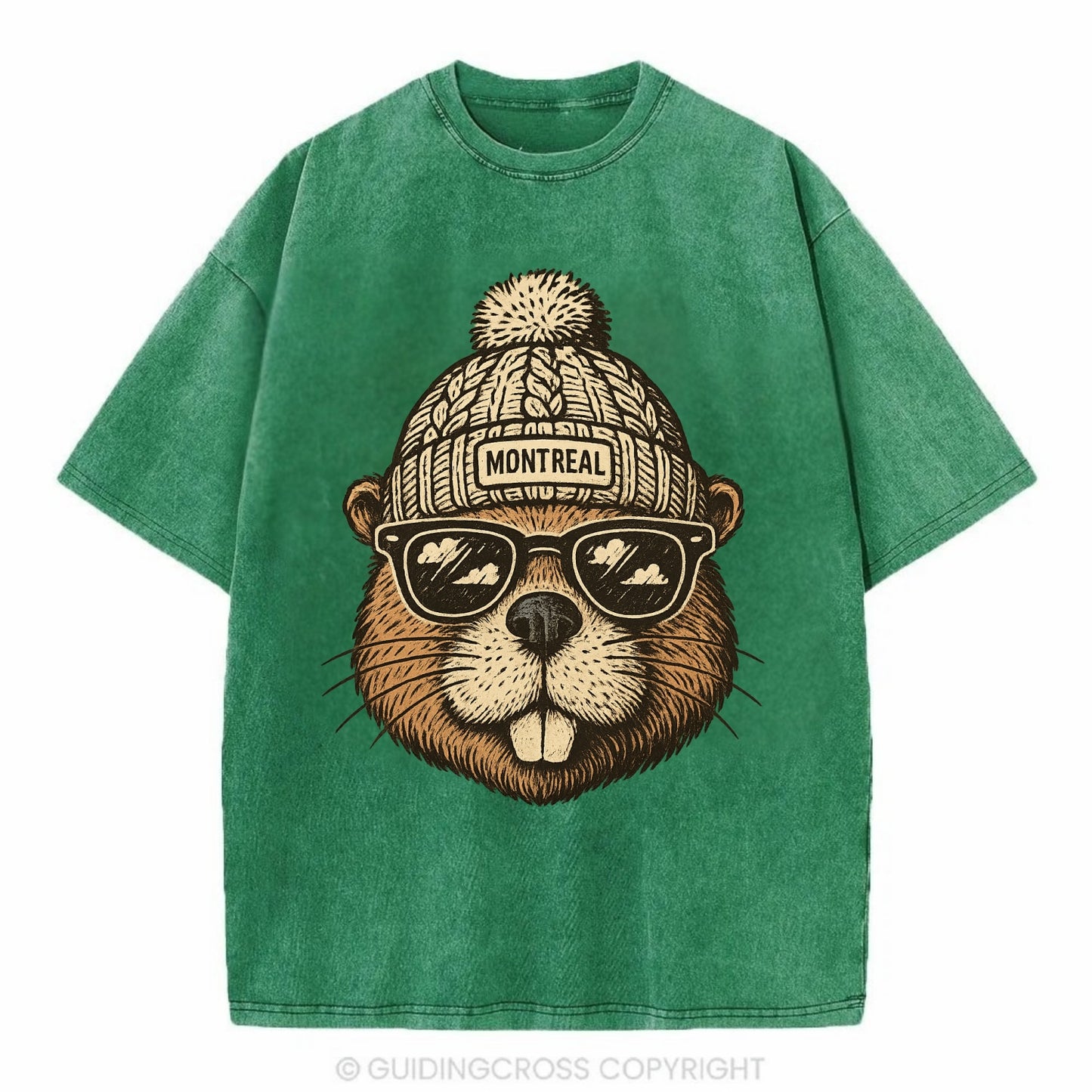Montreal Beaver wearing Montreal beanie - Vintage T-shirt - Forest Mist(Green)