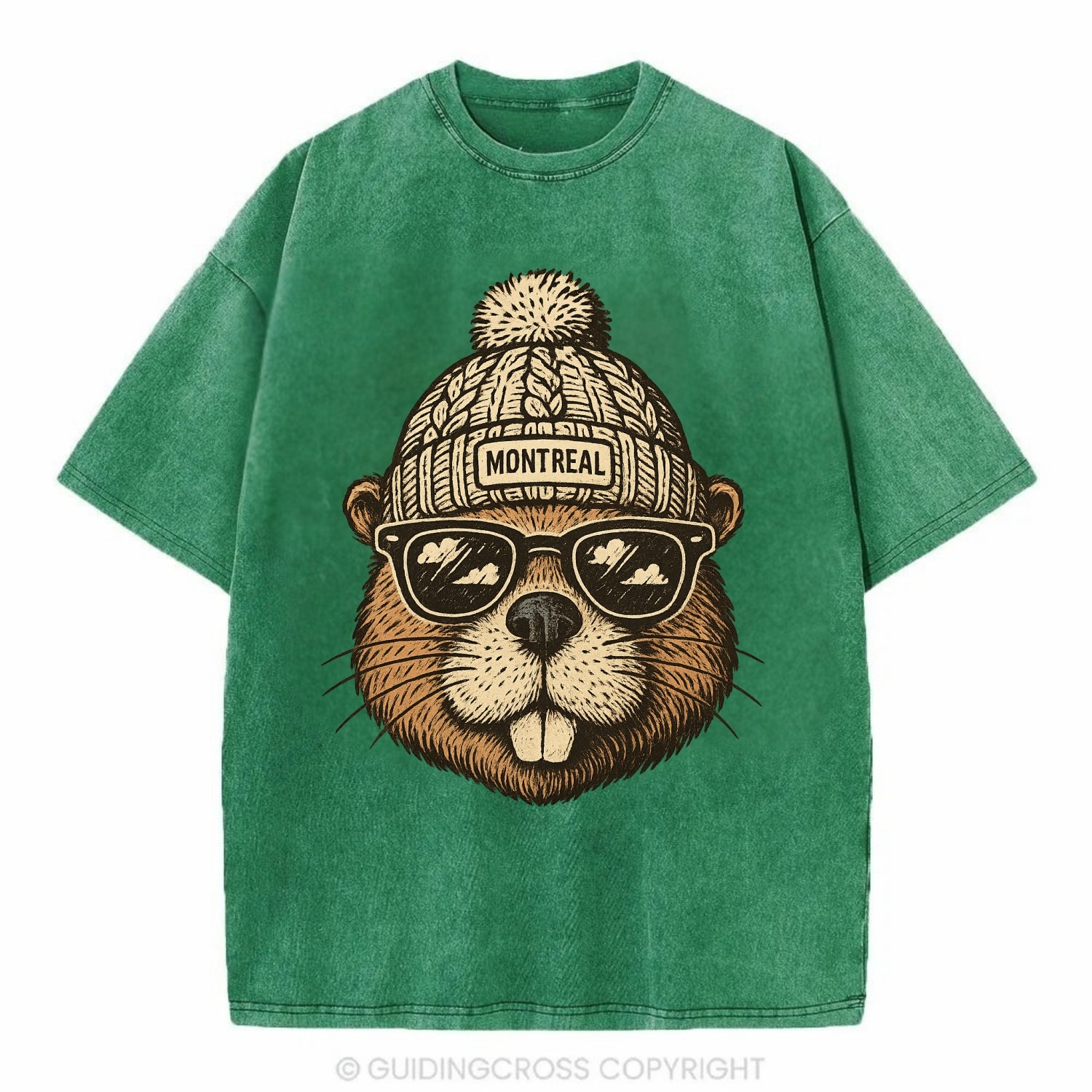 Montreal Beaver wearing Montreal beanie - Vintage T-shirt - Forest Mist(Green)