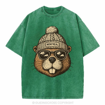Montreal Beaver wearing Montreal beanie - Vintage T-shirt - Forest Mist(Green)