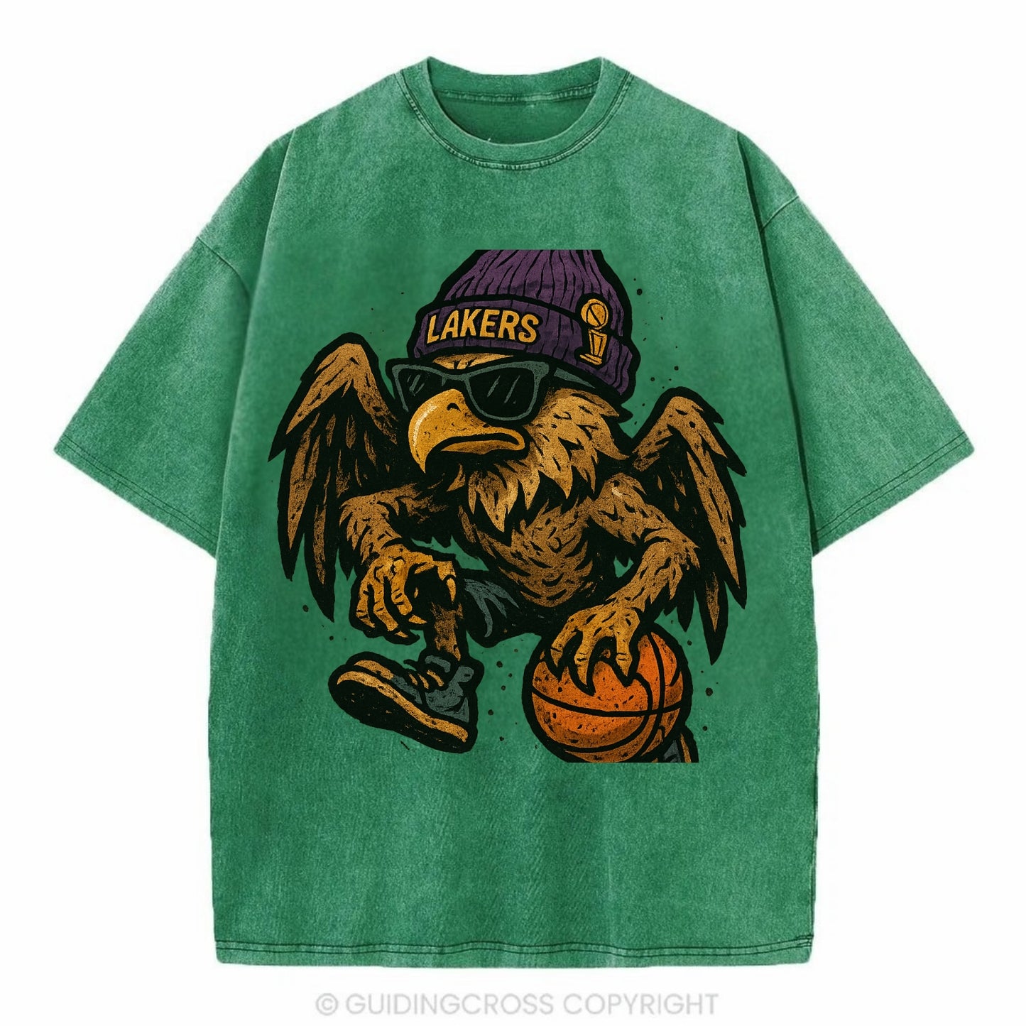 Los Angeles Golden Eagle wearing Lakers beanie with trophy patch and wayfarer - Vintage T-shirt - Forest Mist(Green)
