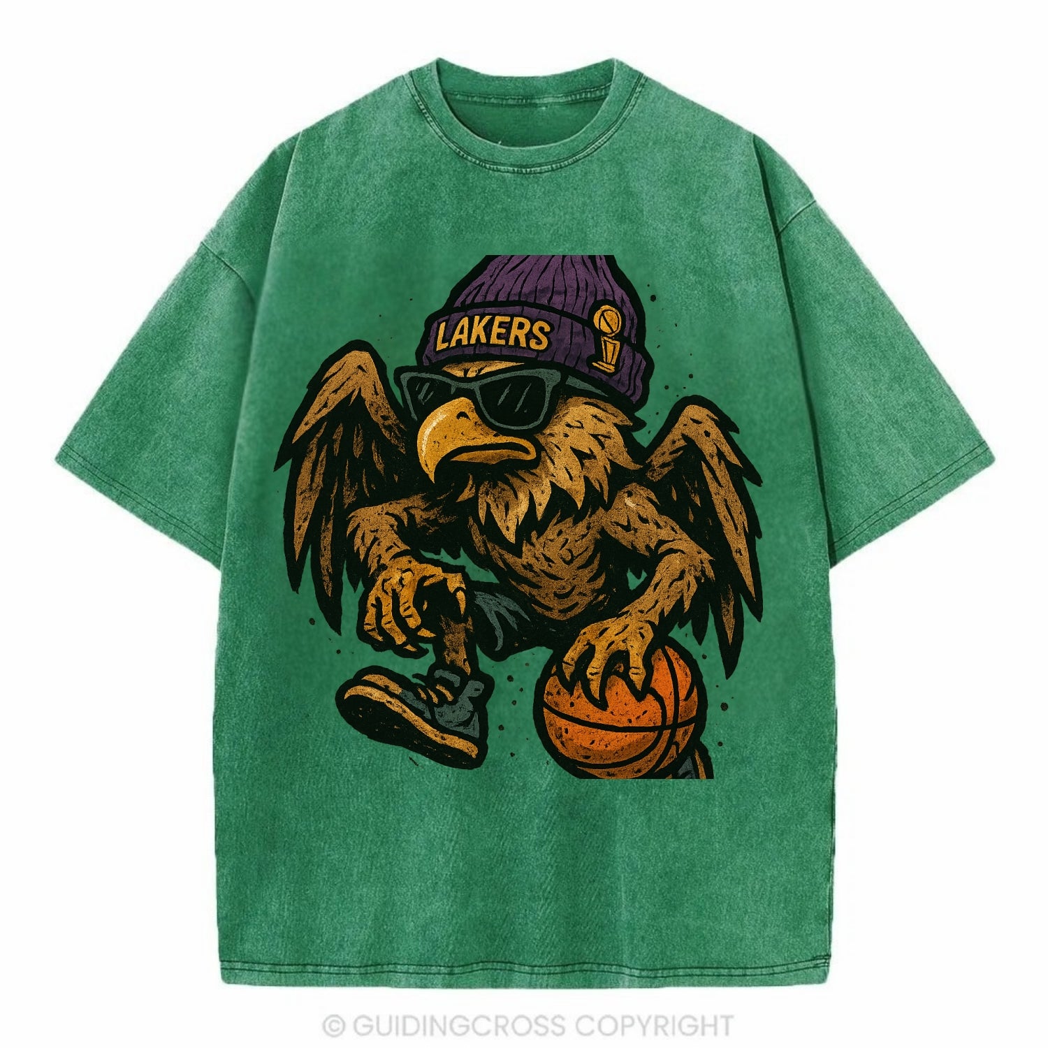 Los Angeles Golden Eagle wearing Lakers beanie with trophy patch and wayfarer - Vintage T-shirt - Forest Mist(Green)