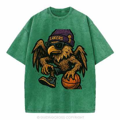 Los Angeles Golden Eagle wearing Lakers beanie with trophy patch and wayfarer - Vintage T-shirt - Forest Mist(Green)