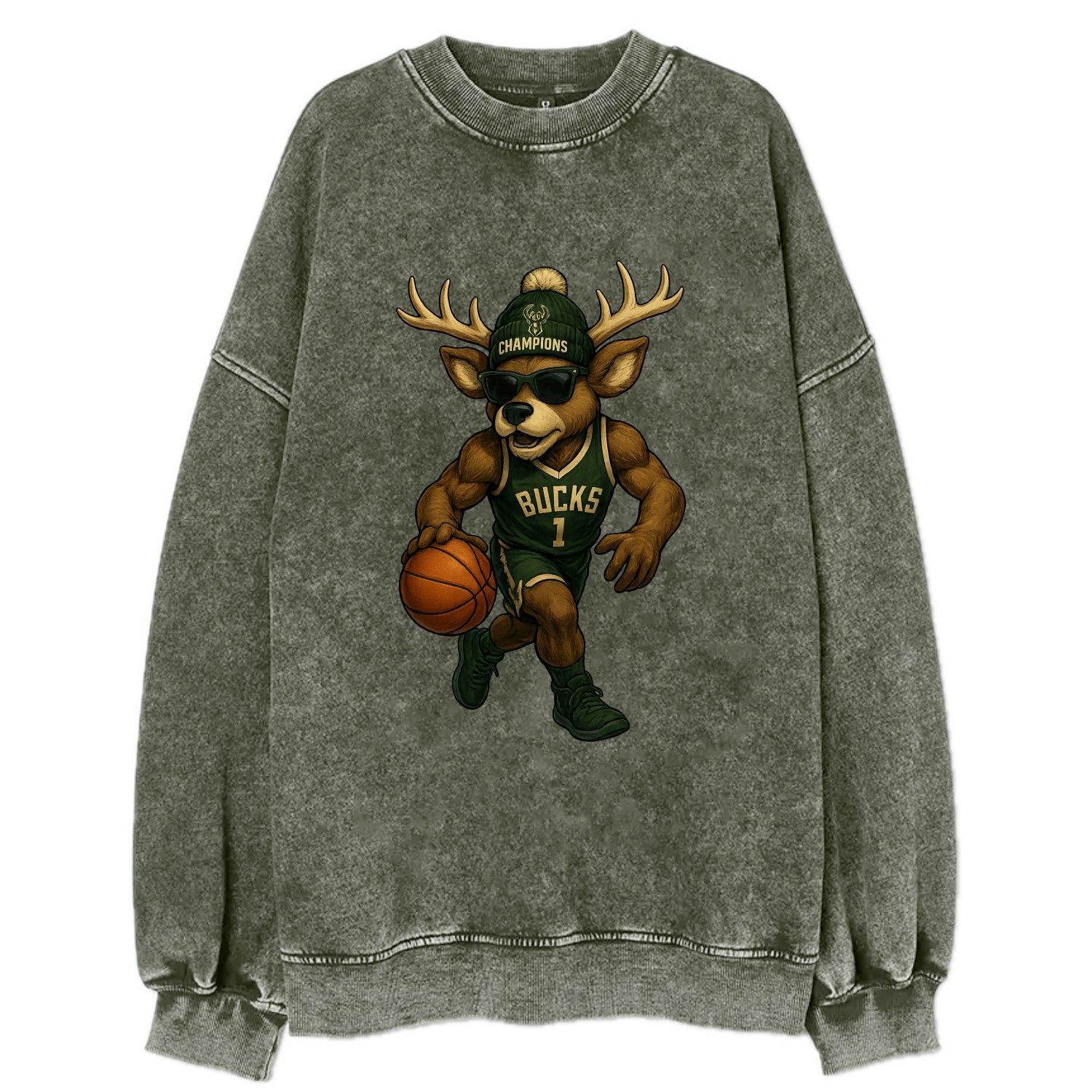 Milwaukee Buck Deer wearing Bucks green and cream beanie with antlers and - Vintage Sweatshirt - Forest Mist(Green)