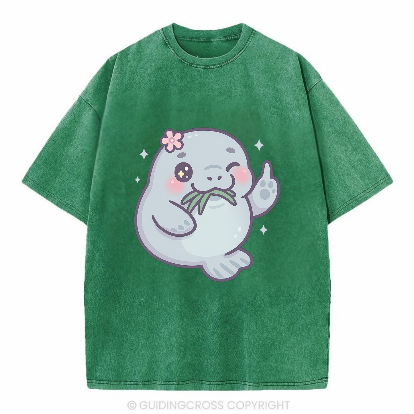 chubby manatee munching on seagrass, one flipper raised with sass - Vintage T-shirt - Forest Mist(Green)