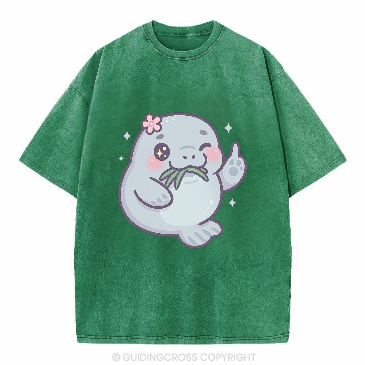 chubby manatee munching on seagrass, one flipper raised with sass - Vintage T-shirt - Forest Mist(Green)