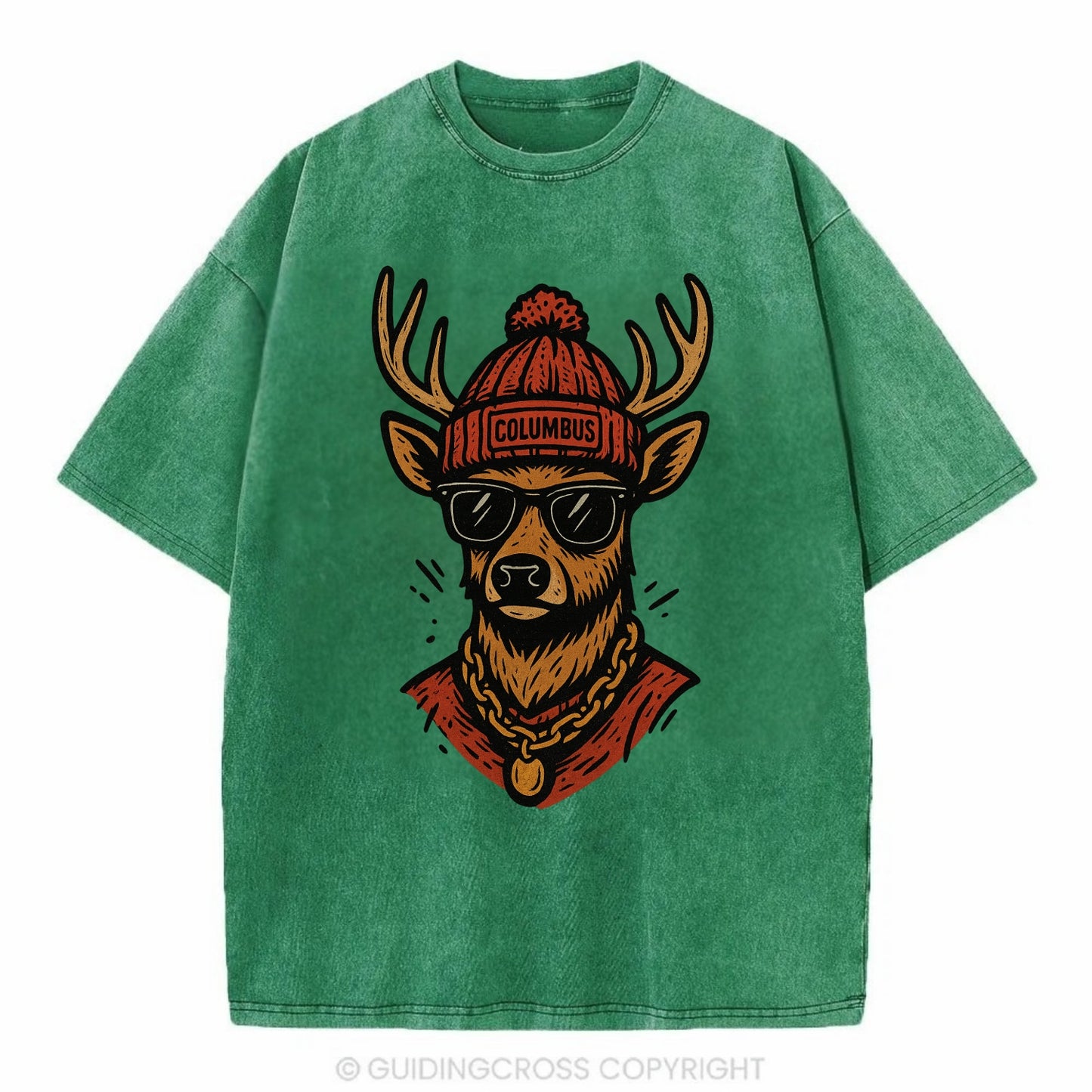 Columbus White-tailed Deer wearing Columbus beanie with pom pom and wayfarer - Vintage T-shirt - Forest Mist(Green)
