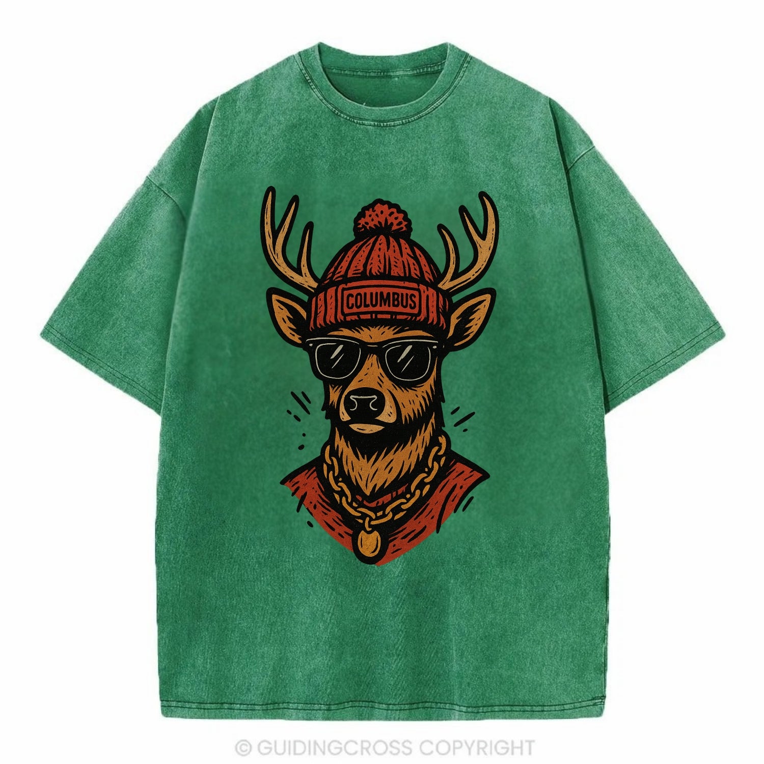Columbus White-tailed Deer wearing Columbus beanie with pom pom and wayfarer - Vintage T-shirt - Forest Mist(Green)