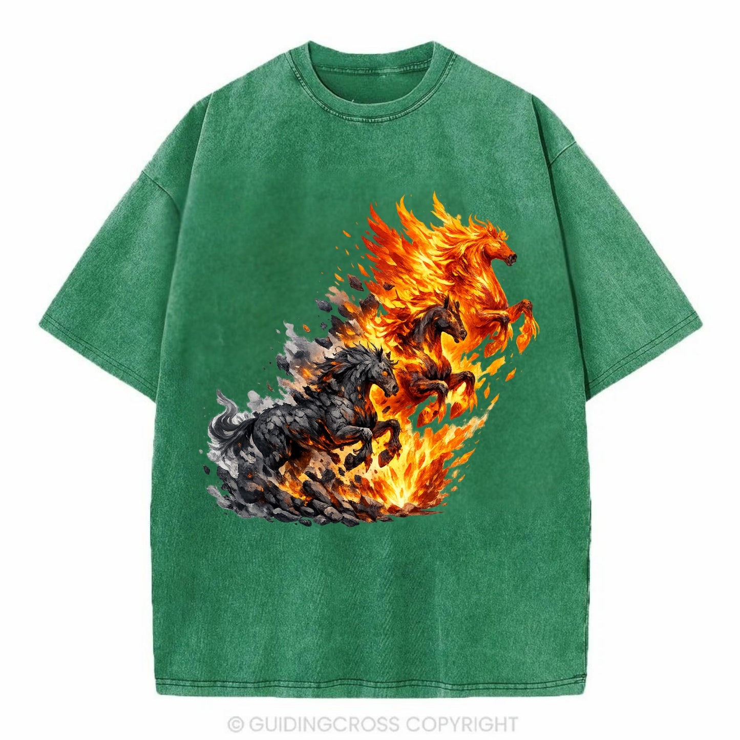 INFERNO STALLION | Horse made entirely of living flames | Blazing mane and tail | - Vintage T-shirt - Forest Mist(Green)