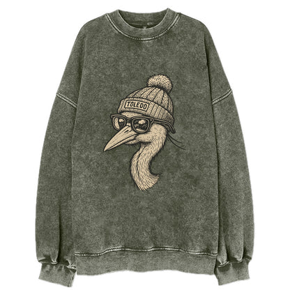 Toledo Great Blue Heron wearing Toledo beanie with pom pom and wayfarer - Vintage Sweatshirt - Forest Mist(Green)