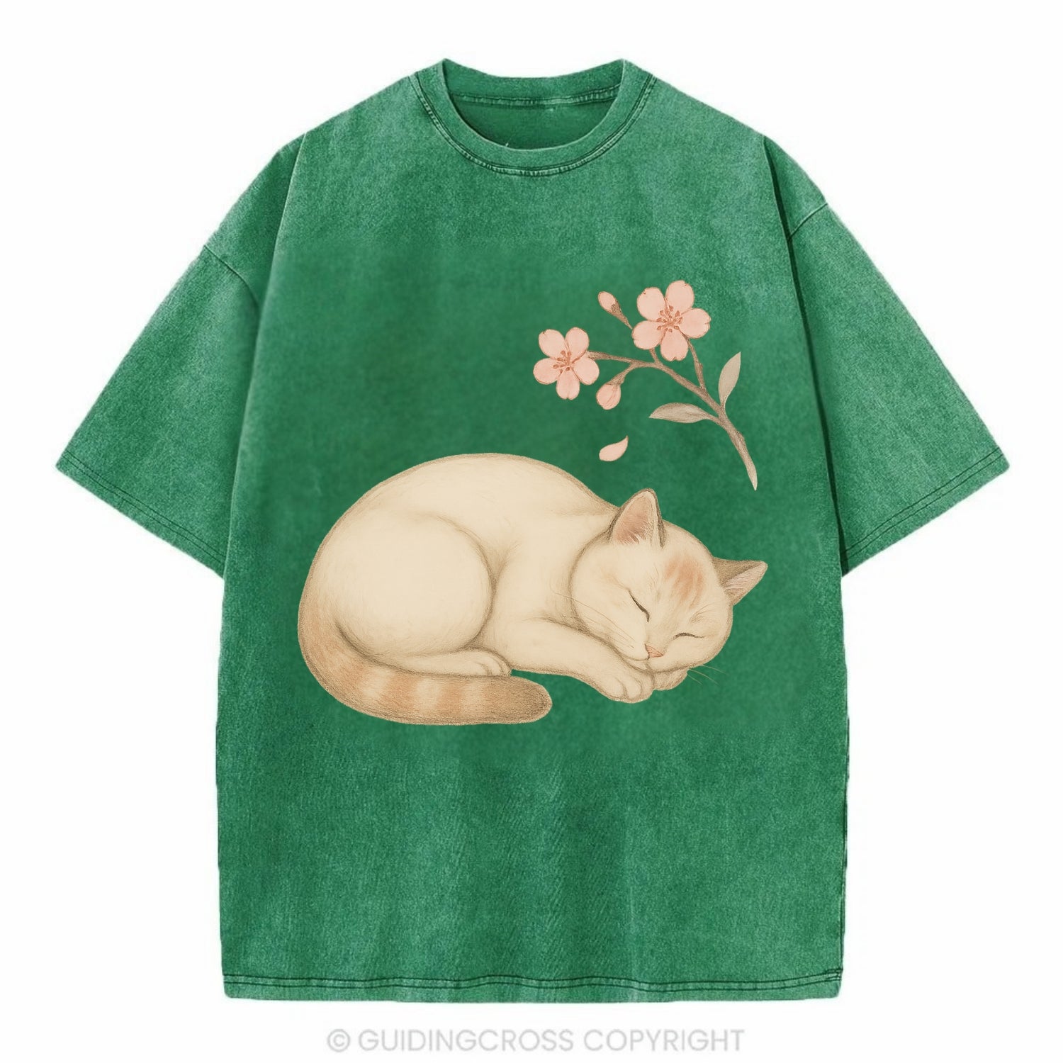Zen Garden Cat  - Vintage T-shirt - Forest Mist(Green)