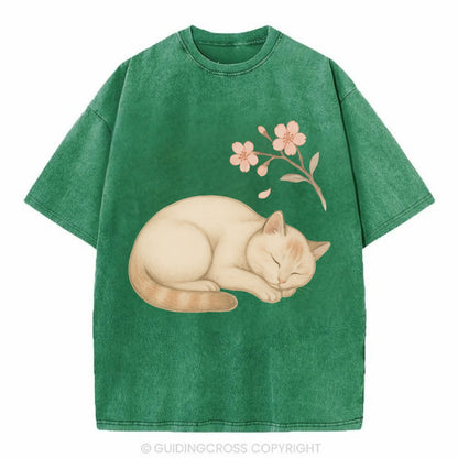 Zen Garden Cat  - Vintage T-shirt - Forest Mist(Green)