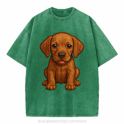 Baby Vizsla Puppy - golden rust coat, soulful eyes, athletic build, front-facing, - Vintage T-shirt - Forest Mist(Green)