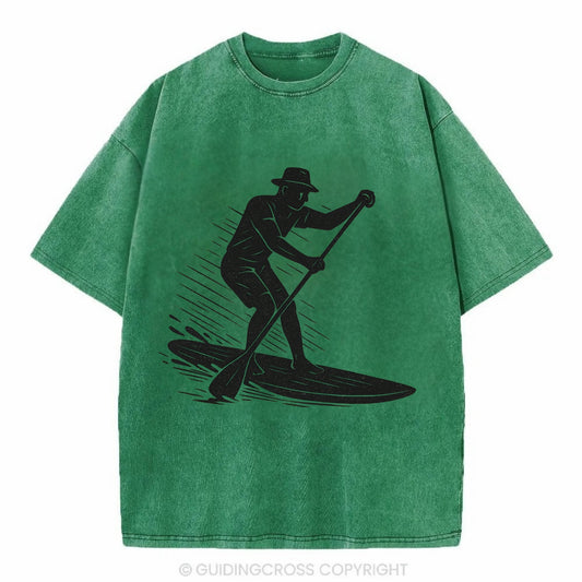 Stand-up paddleboarder on calm water - Vintage T-shirt - Forest Mist(Green)