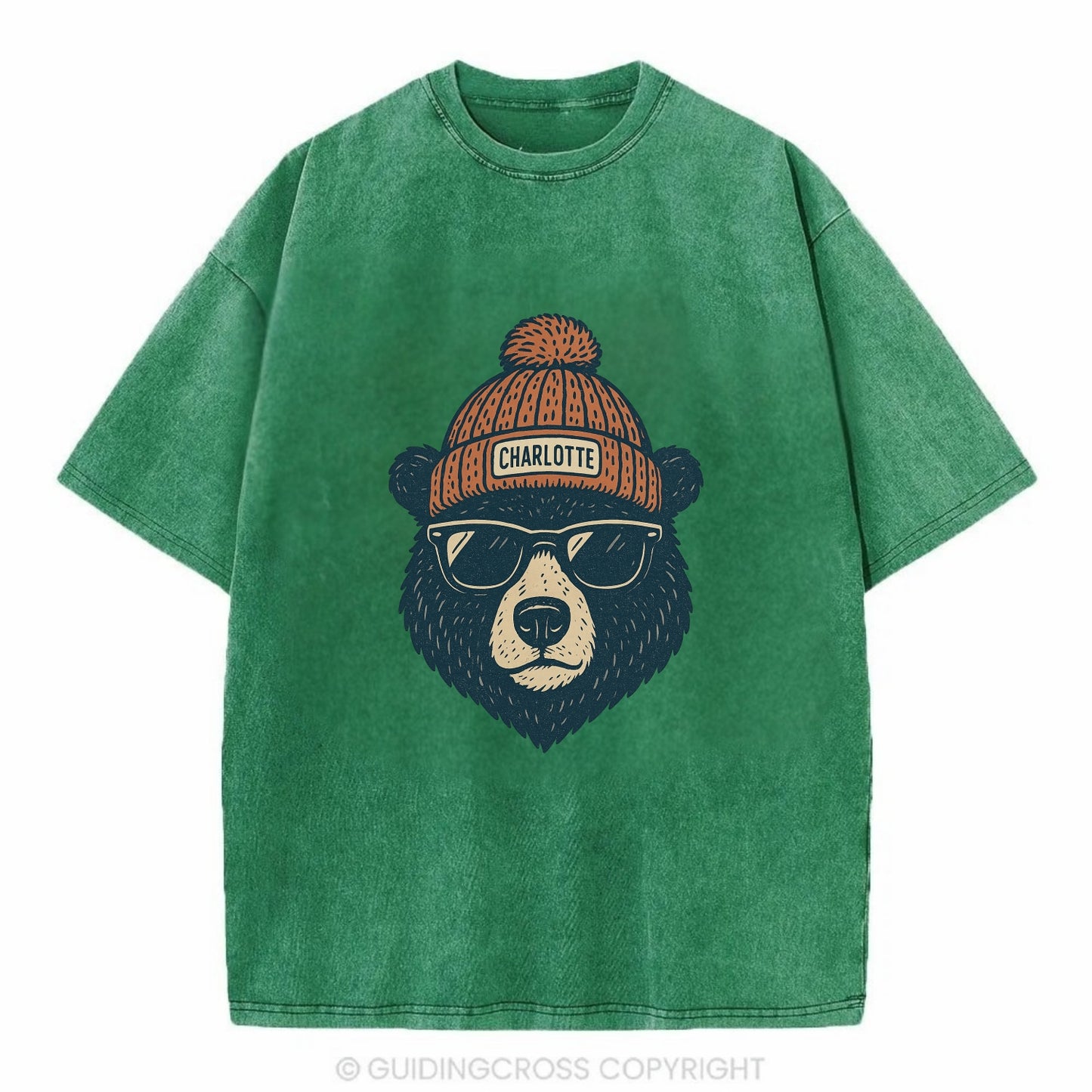 North Carolina Black Bear wearing Charlotte beanie with pom pom and wayfarer - Vintage T-shirt - Forest Mist(Green)