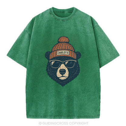 North Carolina Black Bear wearing Charlotte beanie with pom pom and wayfarer - Vintage T-shirt - Forest Mist(Green)