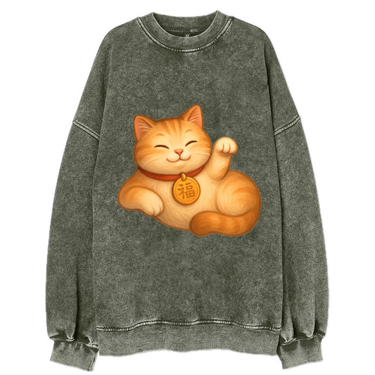 Maneki Neko Pose - Vintage Sweatshirt - Forest Mist(Green)