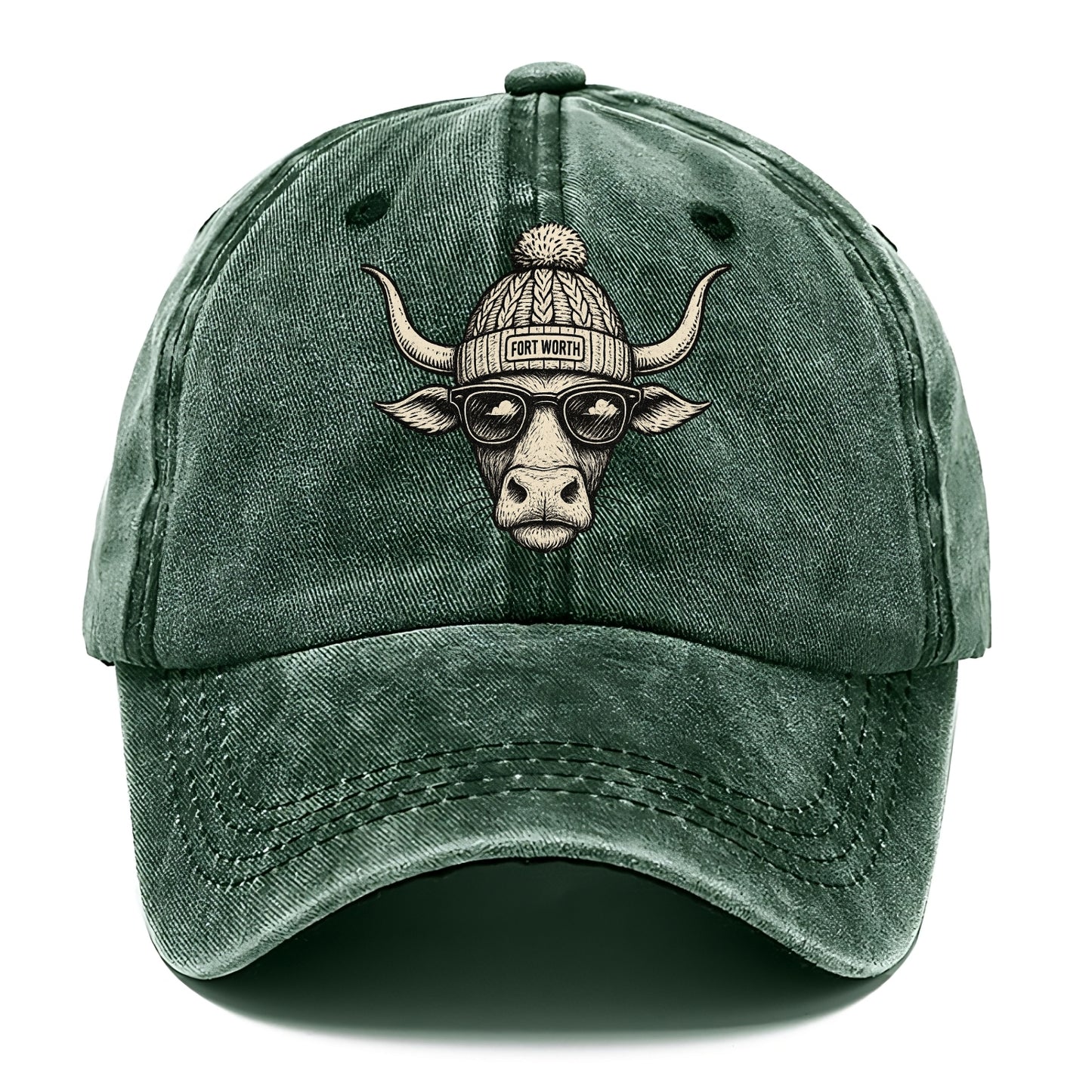 Fort Worth Longhorn wearing Fort Worth beanie with pom pom and wayfarer sunglasses - Classic Cap - Forest Mist(Green)