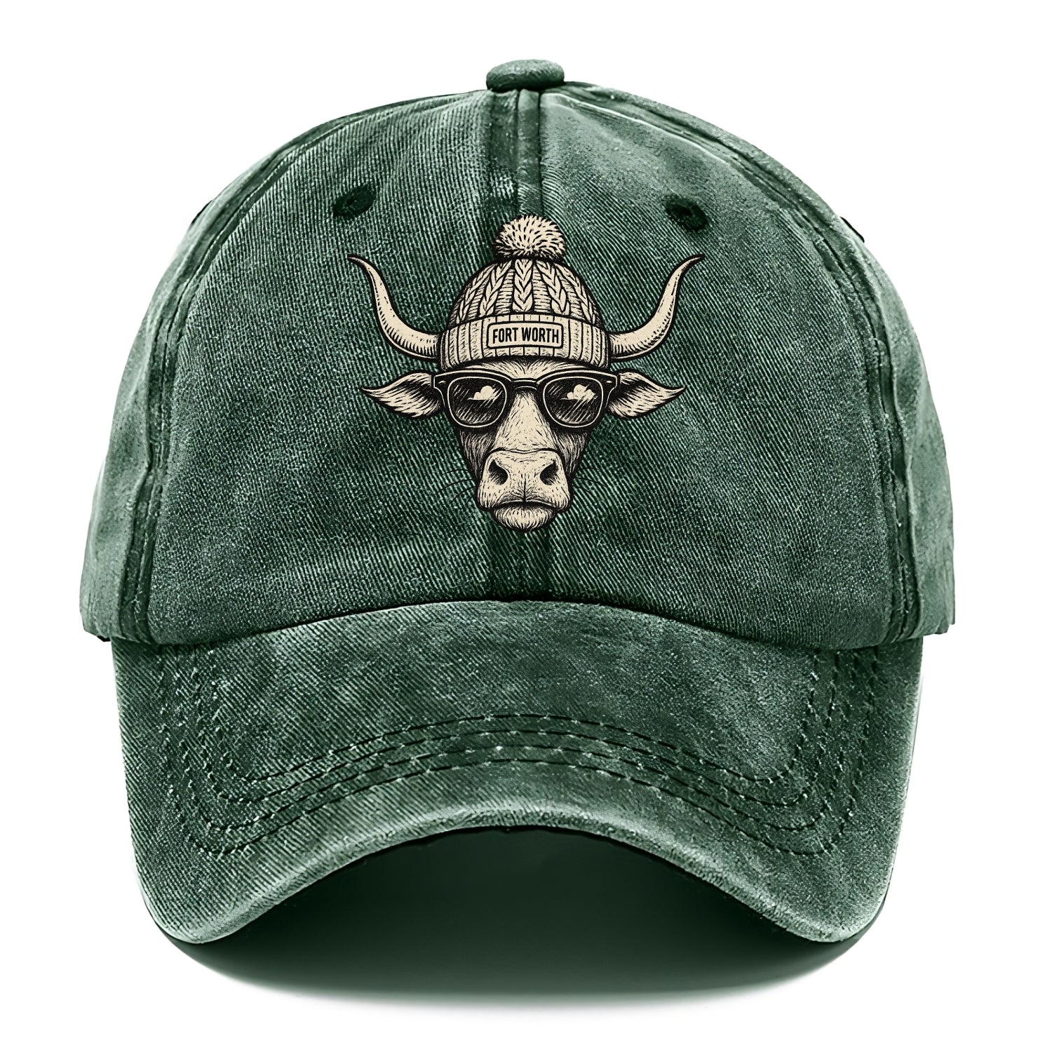 Fort Worth Longhorn wearing Fort Worth beanie with pom pom and wayfarer sunglasses - Classic Cap - Forest Mist(Green)