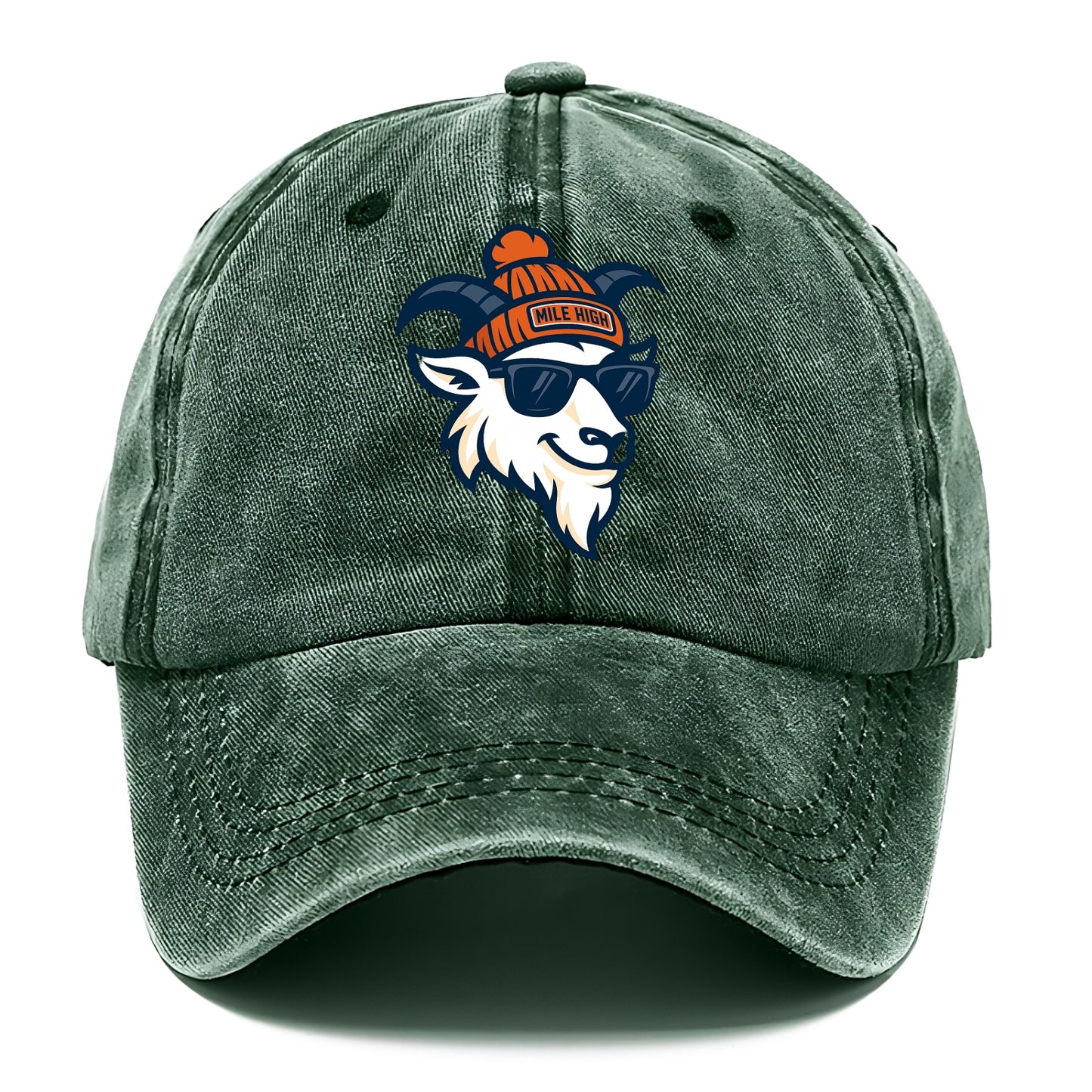Denver Mountain Goat wearing Broncos beanie with Mile High patch and wayfarer - Classic Cap - Forest Mist(Green)