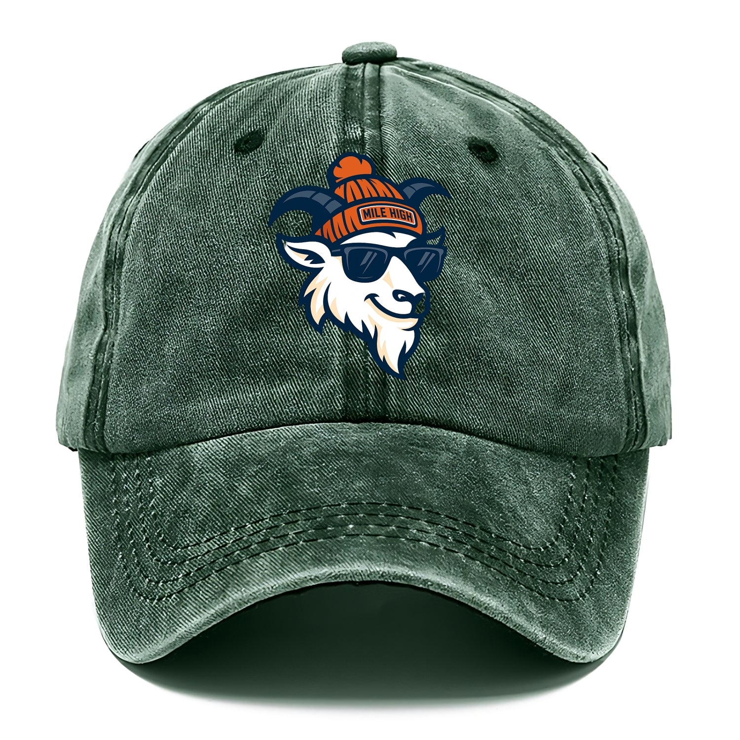 Denver Mountain Goat wearing Broncos beanie with Mile High patch and wayfarer - Classic Cap - Forest Mist(Green)