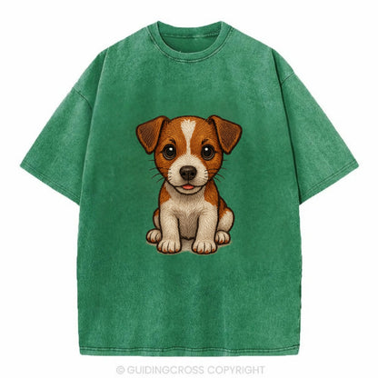 Baby Jack Russell Terrier Puppy - white with markings, alert ears, energetic - Vintage T-shirt - Forest Mist(Green)