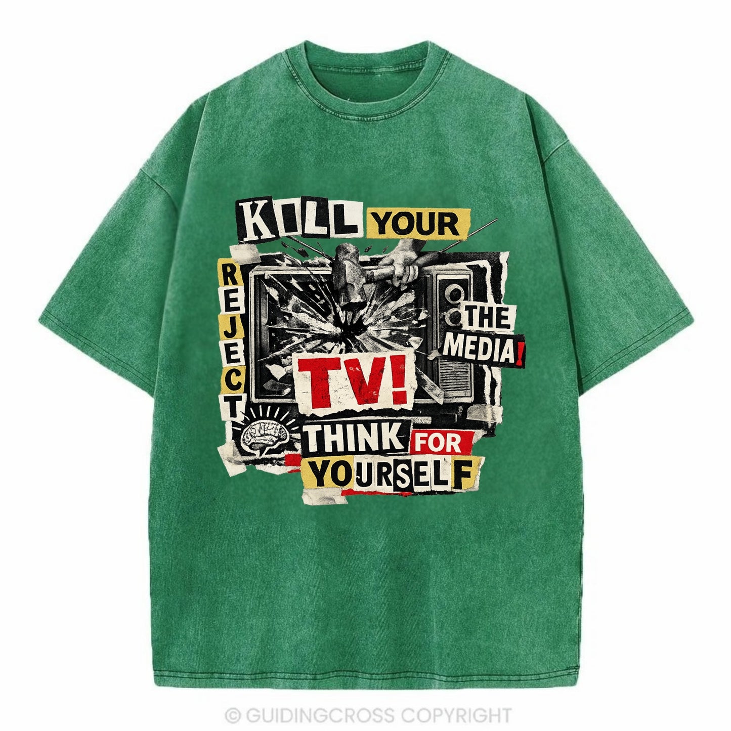 KILL YOUR TV | Smashed television | Reject media | Think for yourself | Analog - Vintage T-shirt - Forest Mist(Green)