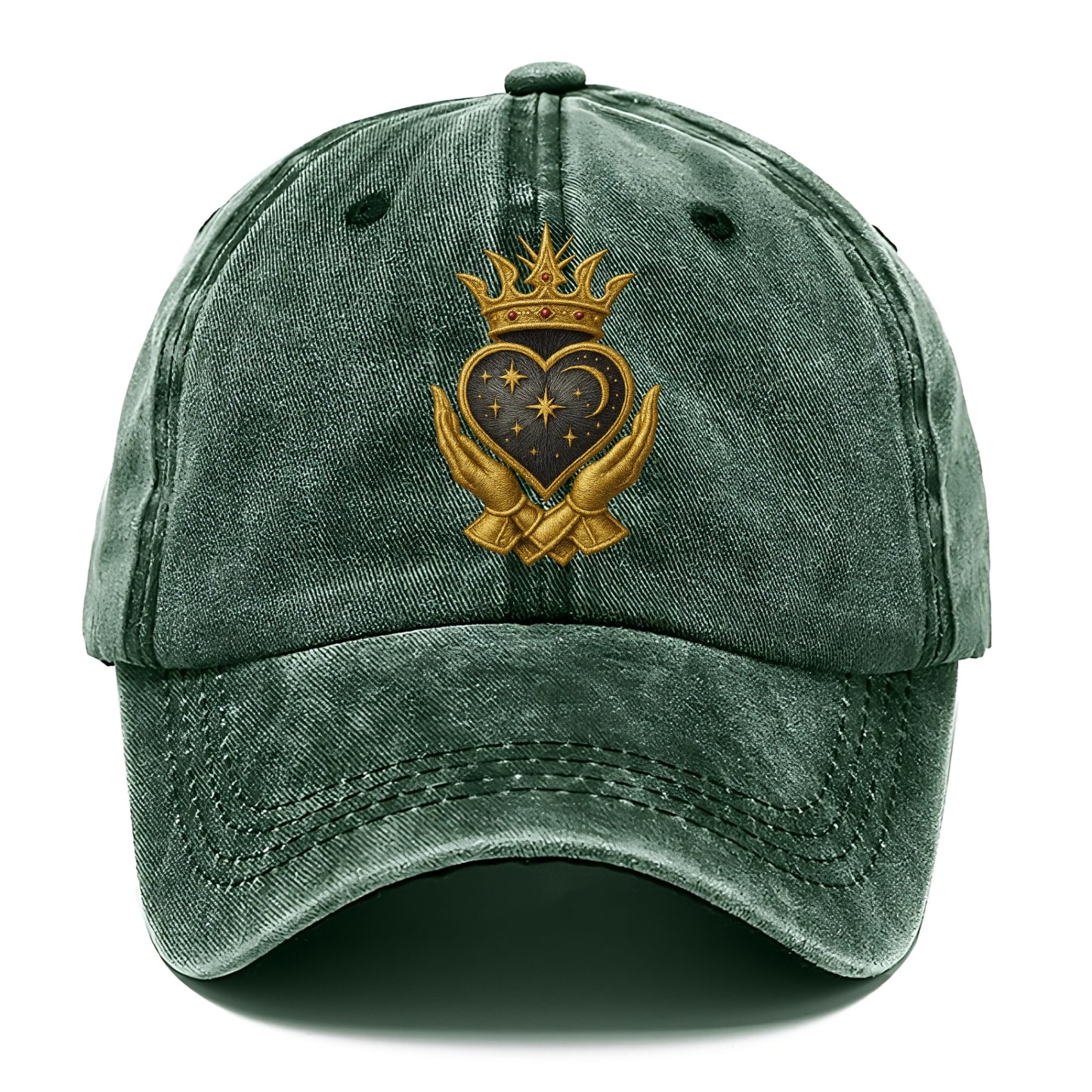Hammered bronze warrior crown anchoring a dark steel heart with shield-bearing hands. - Classic Cap - Forest Mist(Green)