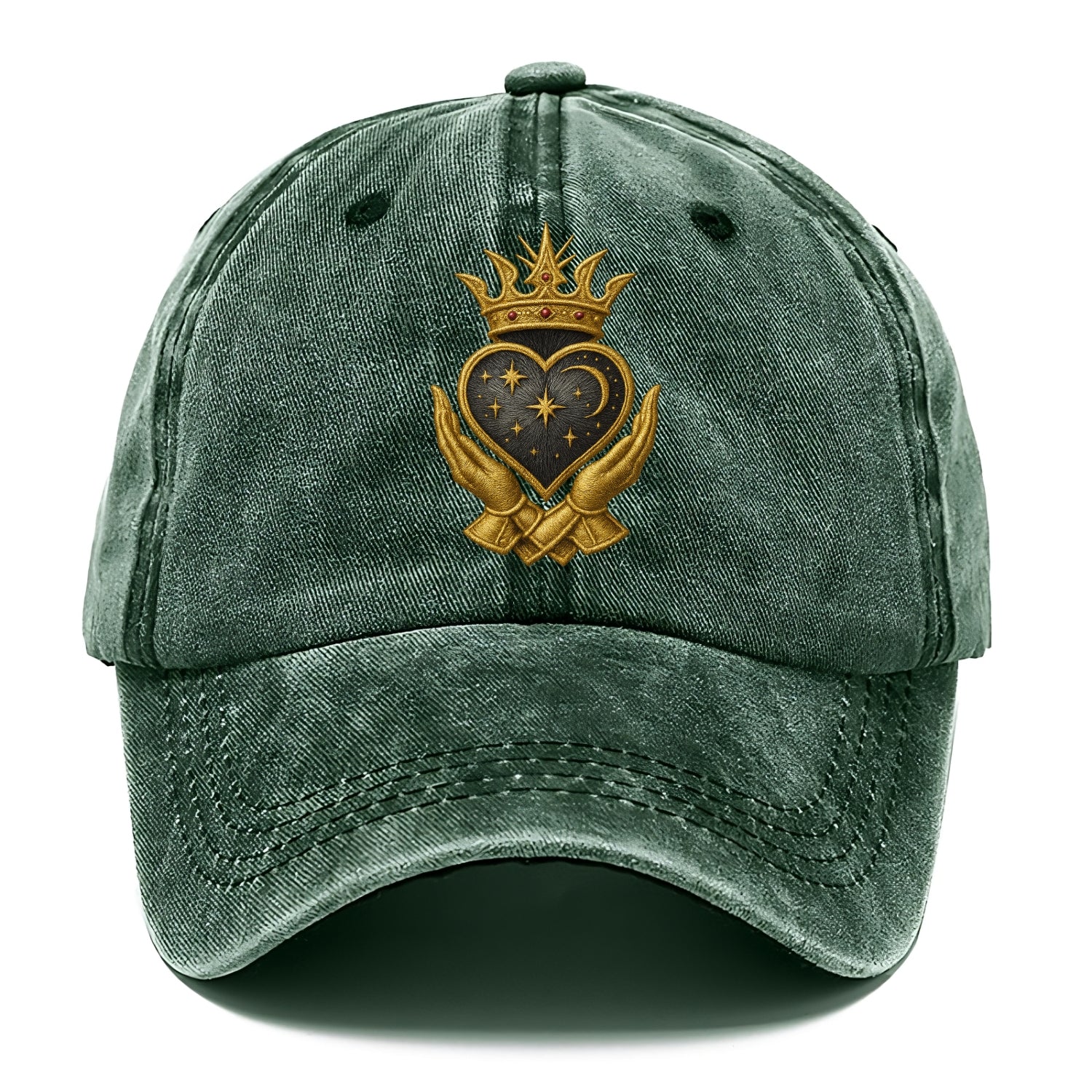 Hammered bronze warrior crown anchoring a dark steel heart with shield-bearing hands. - Classic Cap - Forest Mist(Green)