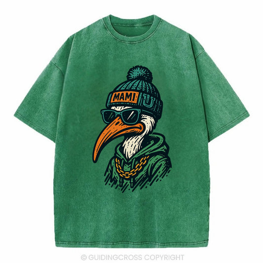 Coral Gables Ibis wearing Miami beanie with U patch - Vintage T-shirt - Forest Mist(Green)