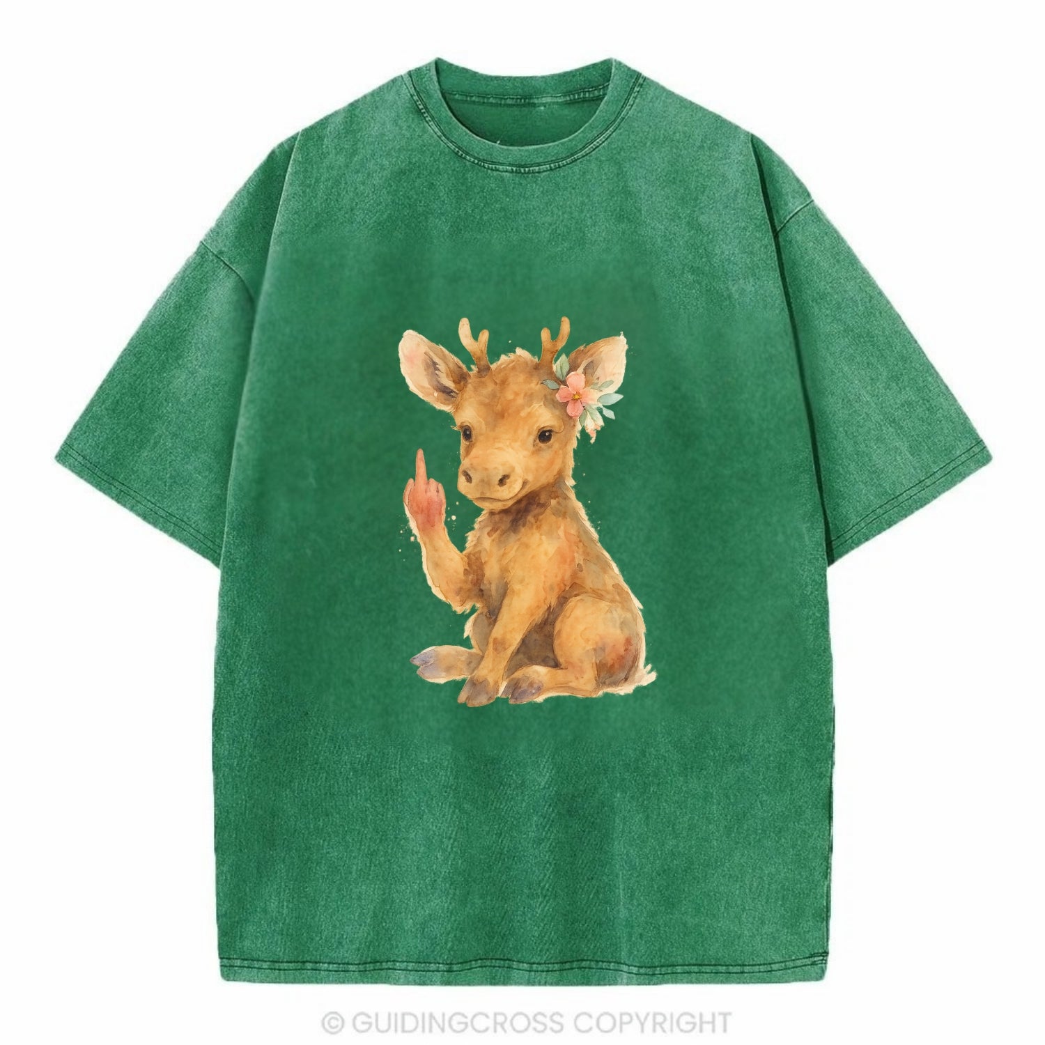 baby moose with adorable tiny antlers, one hoof raised in attitude - Vintage T-shirt - Forest Mist(Green)