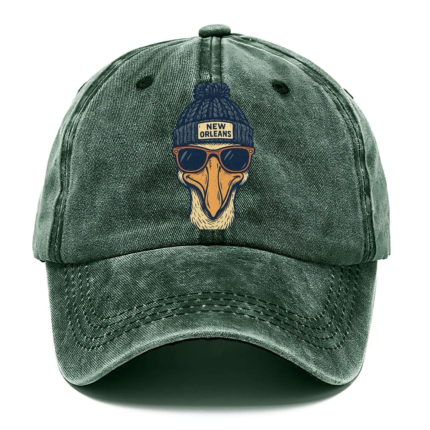 New Orleans Pelican wearing New Orleans beanie with pom pom and wayfarer sunglasses - Classic Cap - Forest Mist(Green)