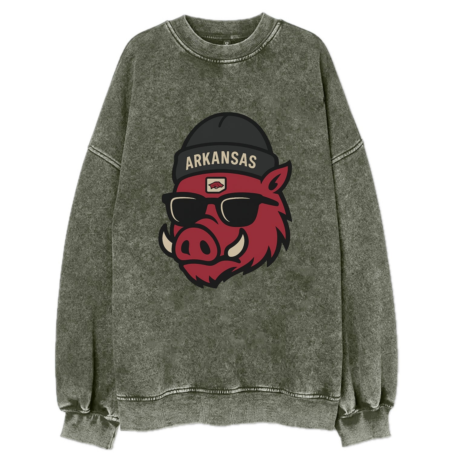 Fayetteville Razorback wearing Arkansas beanie with hog patch - Vintage Sweatshirt - Forest Mist(Green)