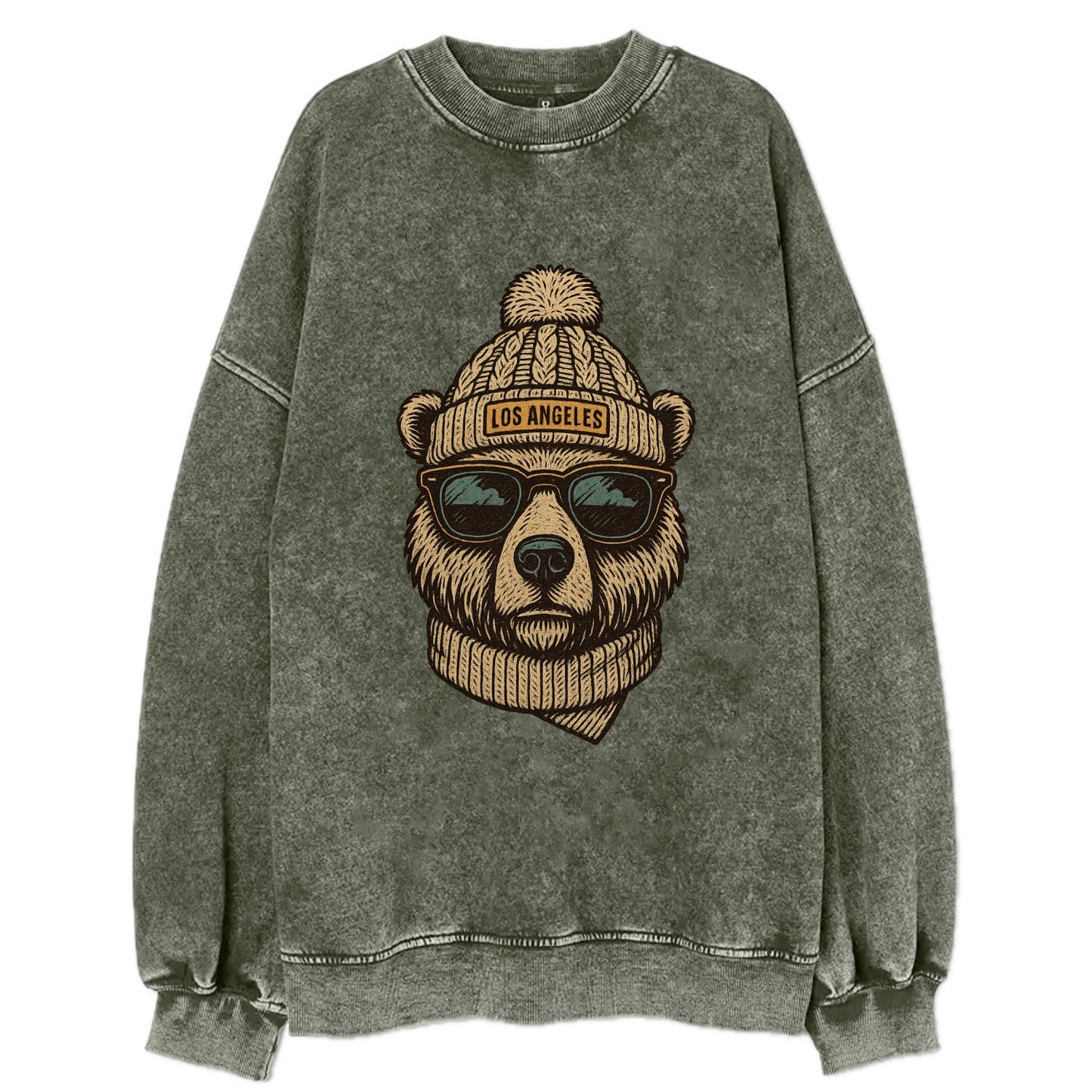 California Grizzly Bear wearing Los Angeles beanie with pom pom and wayfarer - Vintage Sweatshirt - Forest Mist(Green)