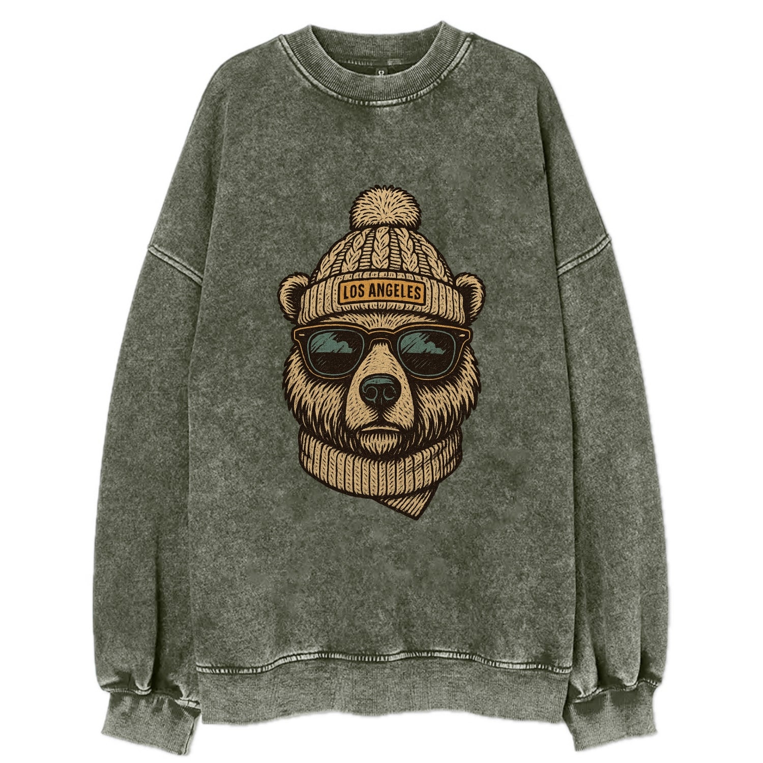 California Grizzly Bear wearing Los Angeles beanie with pom pom and wayfarer - Vintage Sweatshirt - Forest Mist(Green)