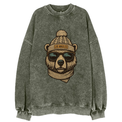 California Grizzly Bear wearing Los Angeles beanie with pom pom and wayfarer - Vintage Sweatshirt - Forest Mist(Green)