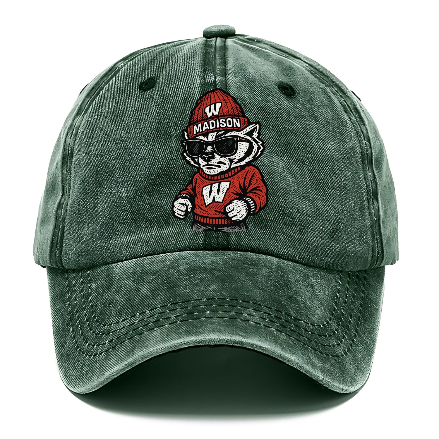 Madison Badger wearing Wisconsin beanie with motion W patch - Classic Cap - Forest Mist(Green)