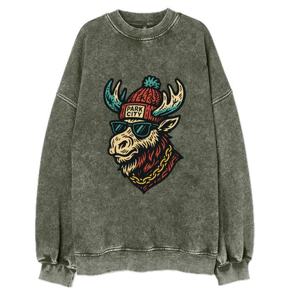 Park City Moose wearing Park City beanie with pom pom and wayfarer sunglasses - Vintage Sweatshirt - Forest Mist(Green)
